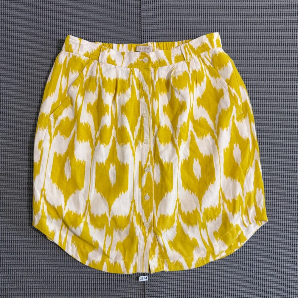Loft Womens XS Yellow White Ikat Print Button Front Mini Skirt Pockets